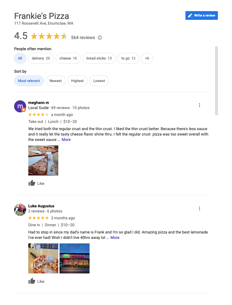 Frankie's Pizza GMB reviews